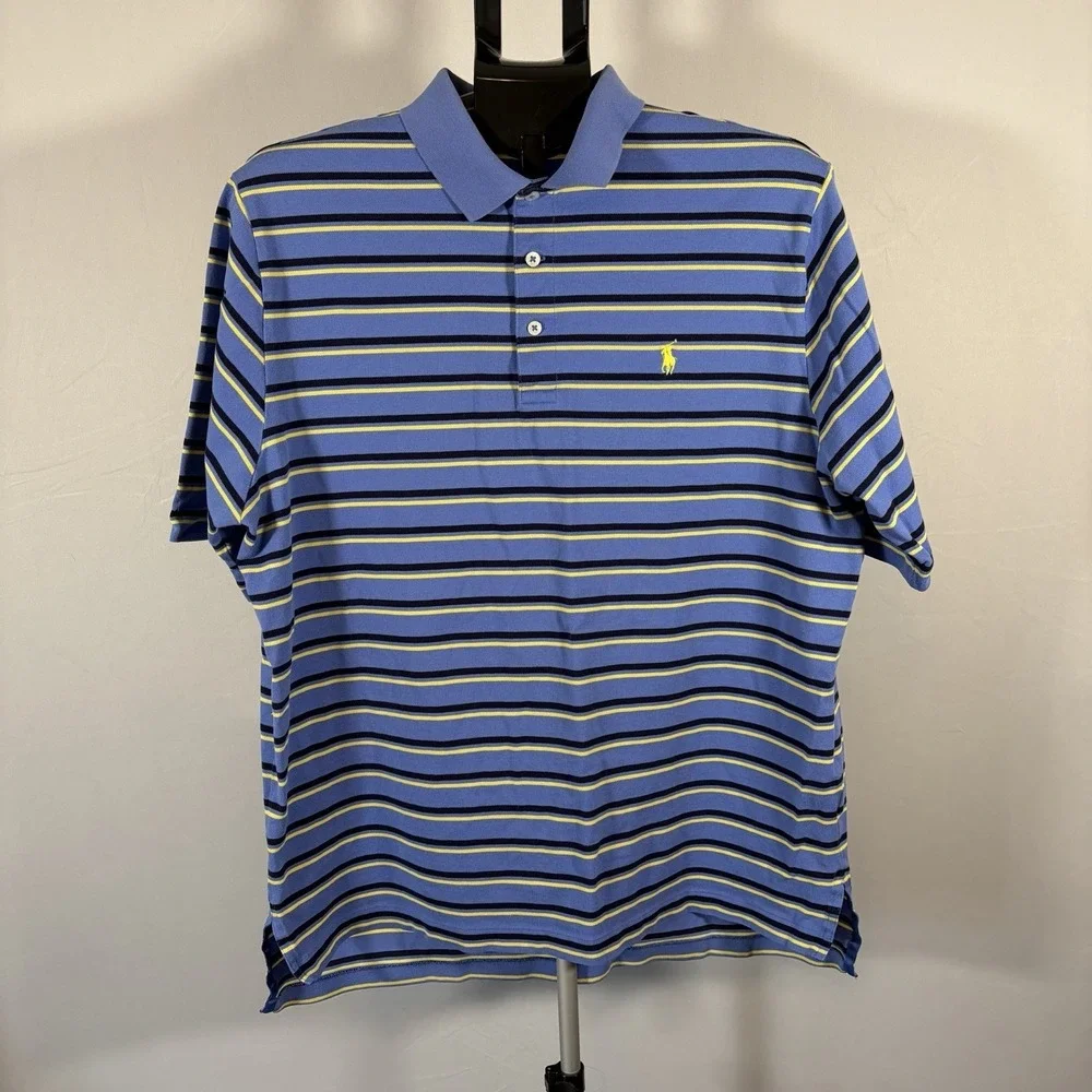 Polo Golf Large Mens Ralph Lauren Pima Cotton Blue Yellow Stripe Shirt Preppy